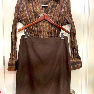 Beautiful stripe shirt & dark brown skirt.